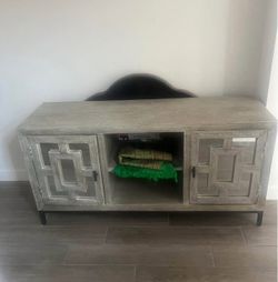 Gray Wood TV Stand with Mirrored Cabinet Doors