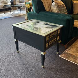 Hand Painted Black and Sage Green Vintage End Table 