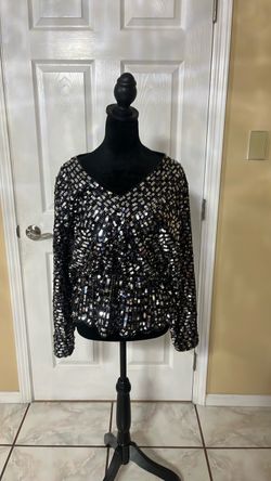 Black Sequin V-Neck Long Sleeve Top