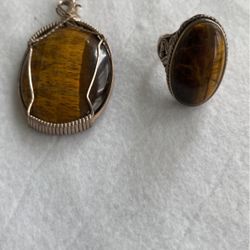 Tigers Eye Hand Silver Wire Wrapped Pendant And Ring