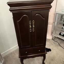  Vintage Queen Anne Cherry Wood Jewelry Armoire