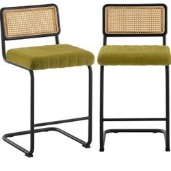 Counter Height Bar Stools Set of 2, 26" Rattan Counter Stool Velvet Upholstered Barstool with Cane Back & Metal Frame, Mid Century Modern Bar Chair Ki