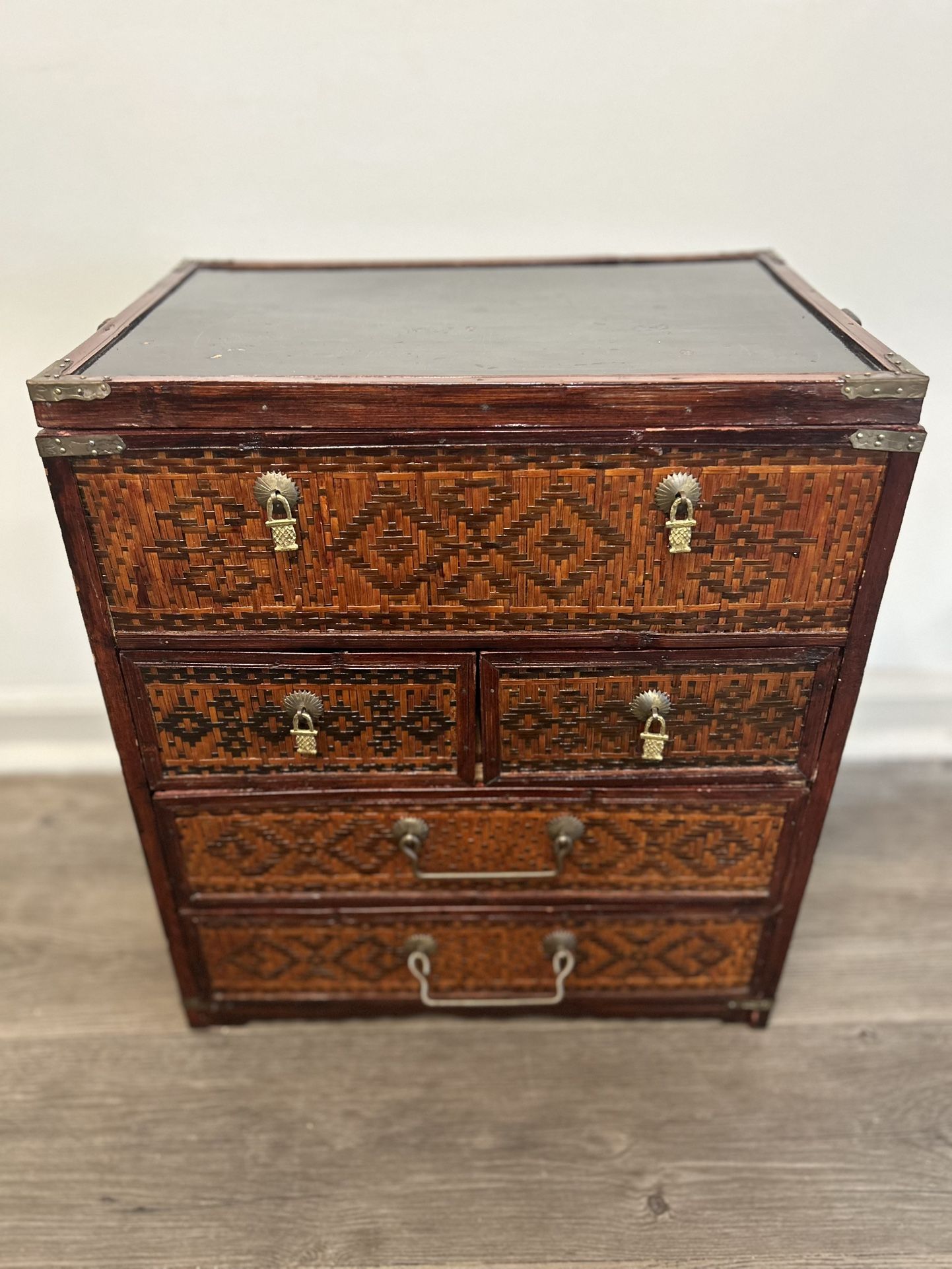 Antique Chinese Woven Rattan Portable Wedding Side Chest 18.5 H x 16 L x 11 W