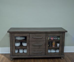 Rustic Wood Sideboard Buffet with Glass Doors. Also selling the dining table.