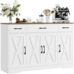 55" Large Sideboard Buffet Storage locker with Shelves & 4 Doors, Farmhouse Coffee Bar locker Wood Buffet Table
