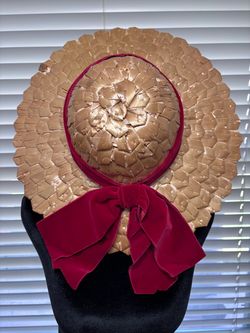 Vintage Wide Brim Straw Hat with Burgundy Velvet Bow