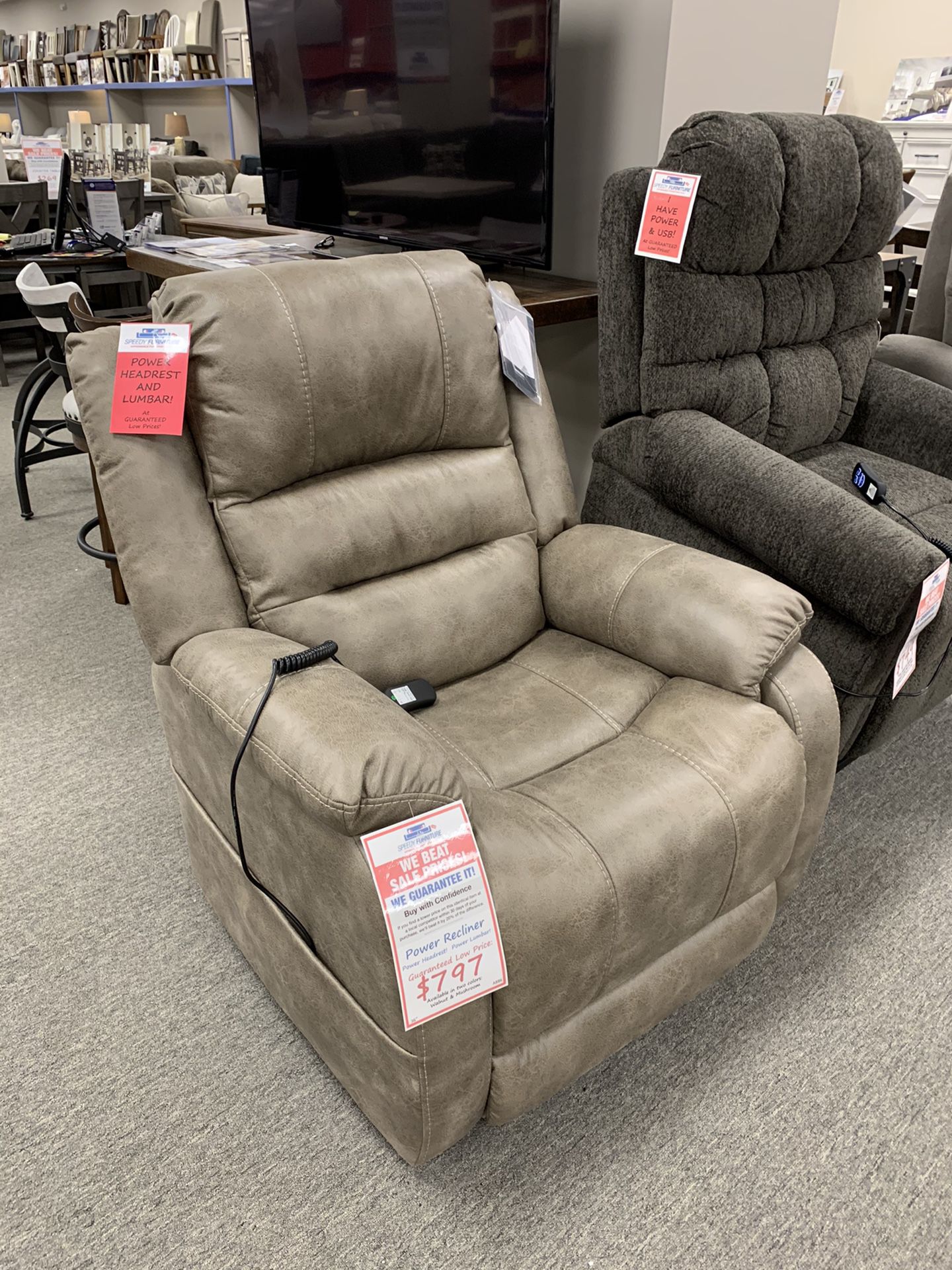 Speedy Furniture of Cranberry back stock brand new recliner - power recline lumbar headrest
