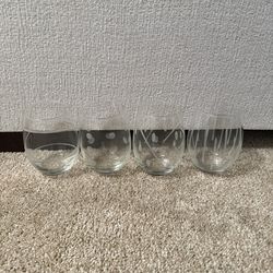 4 Clear Diamond Engraved Crystal Stemless Wine Glasses
