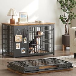 Dog Crate Furniture, Dog Crate with DIY Frame, Heavy Duty Dog Kennel Indoor with Hooks, Wooden Dog Cage End Table, for Small/Medium Dogs, Rustic Brown