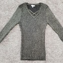 Women's A'gaci Stretch Ribbed Long Sleeve Sweater Top Size L Gold Black