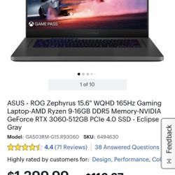 Asus Rog Zephyrus G15 Gaming PC Laptop NVIDIA HDR 165Hz DDR5 RTX 3060 Ryzen 9 