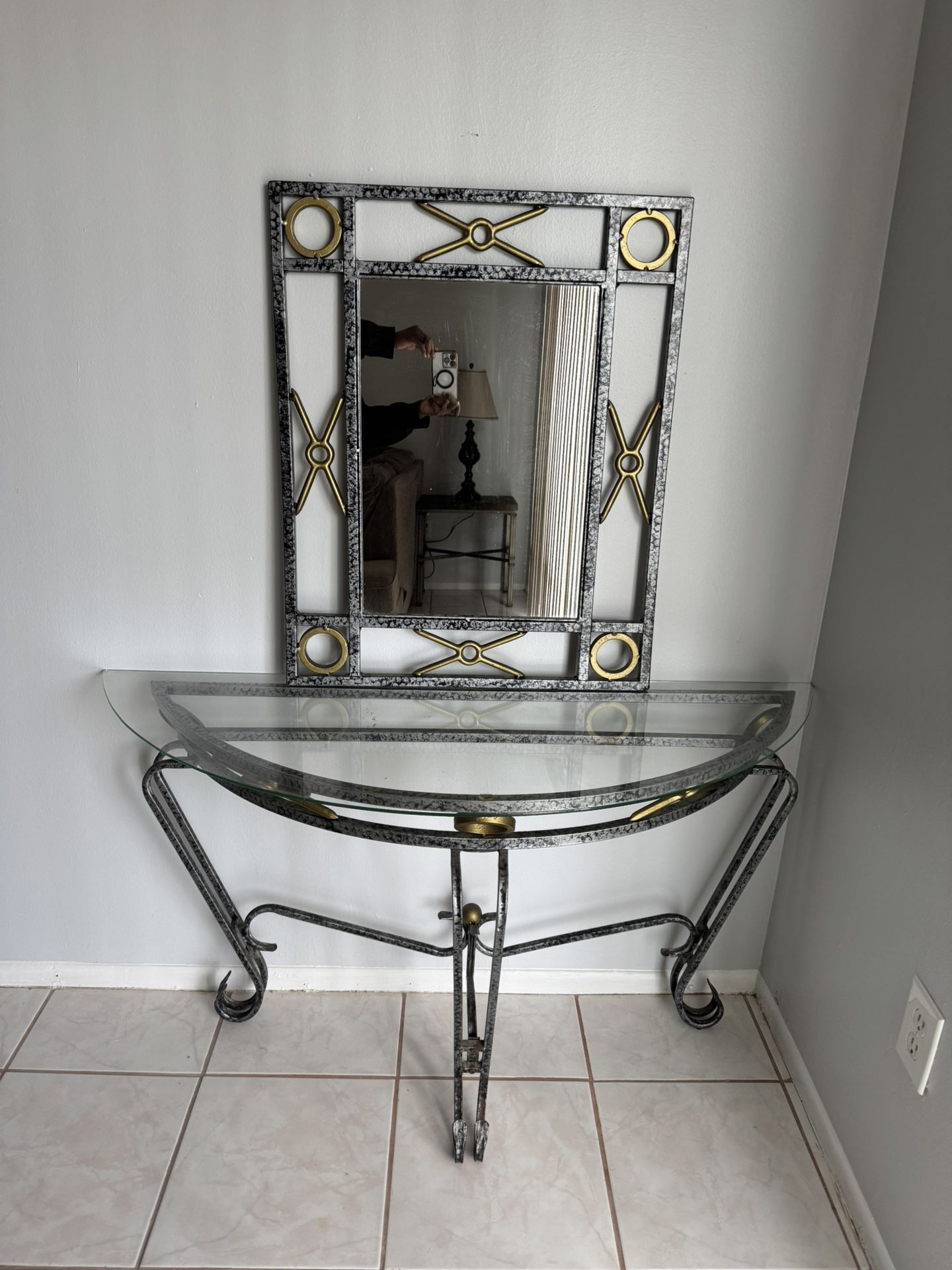 Elegant Glass & Metal Entryway Console Table with Matching Mirror