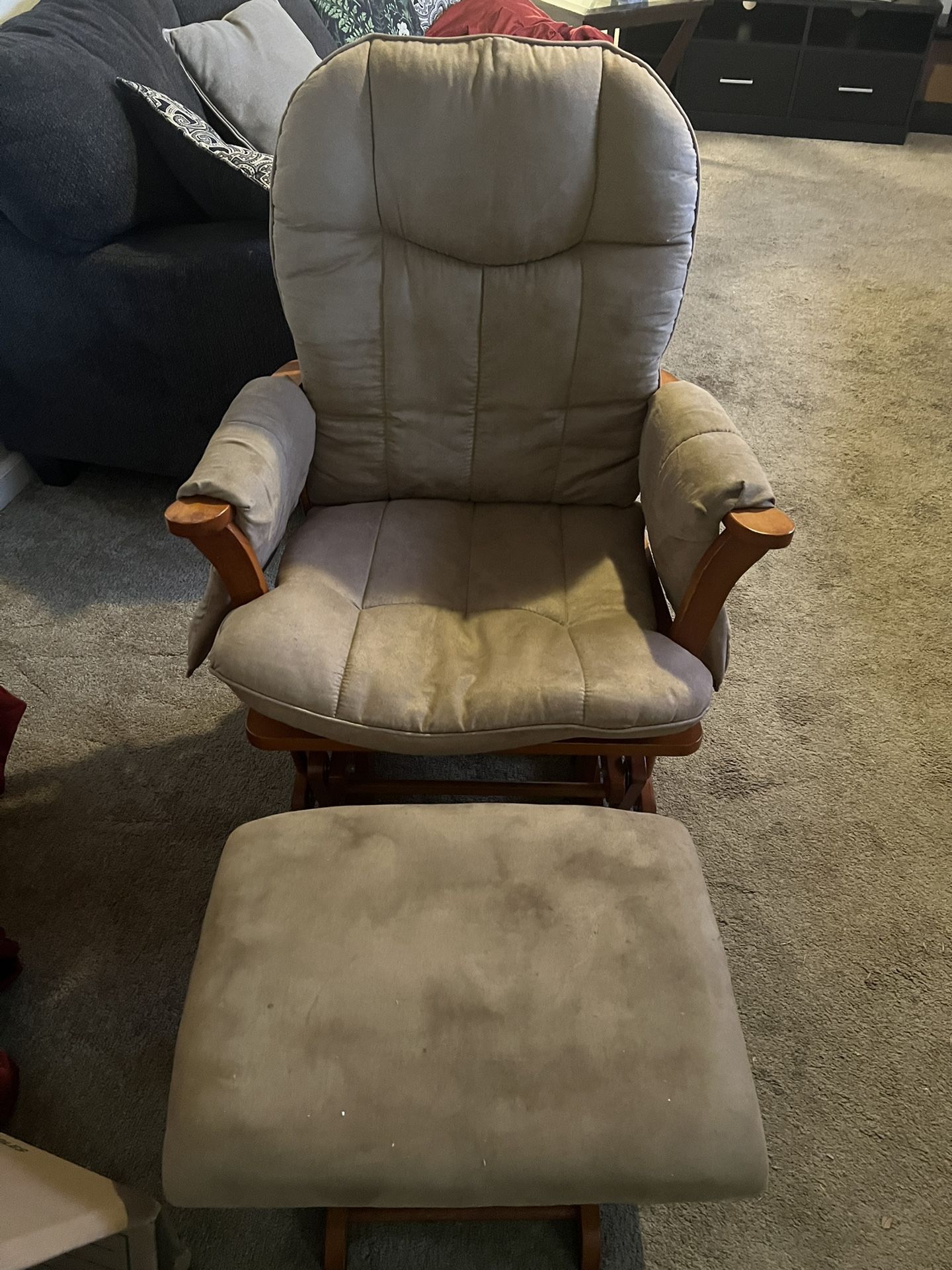 Faux Tan Suede And Wood Glider And Ottoman