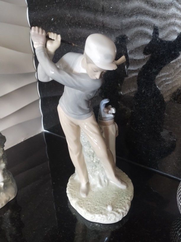 Lladro Signed (set-of-2) Man & Woman Golfer Glazed Porcelain Figurines