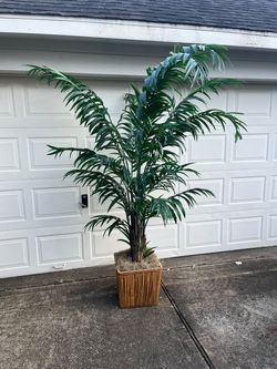Tall artificial palm tree in wicker planter - Showroom Overstock H:8 feet