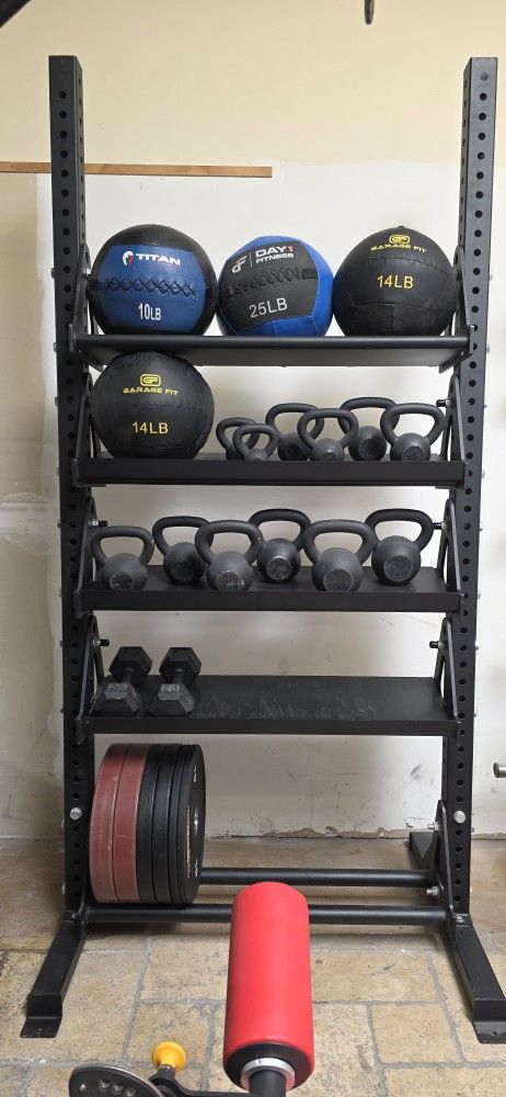 9ft tall commercial grade dumbbell storage rack wall balls bumper plates kettle bell gym equipment