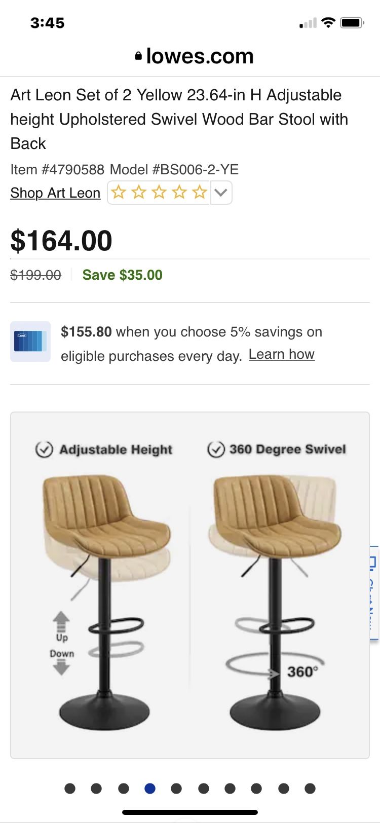 Art Leon Set of Yellow in H Adjustable height Upholstered