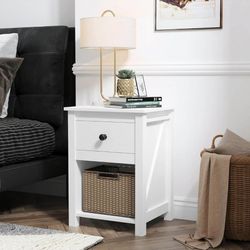 White 2 Set of Finish Nightstand Side End Table with Drawer and Farmhouse Style Design 24"