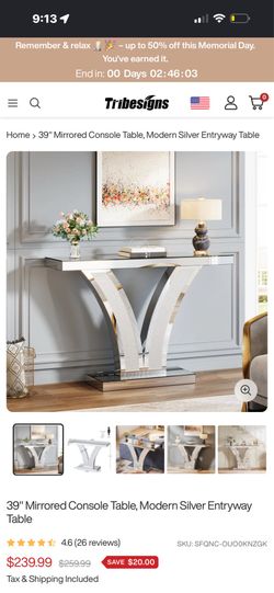 39" Mirrored Console Table, Modern Silver Entryway Table