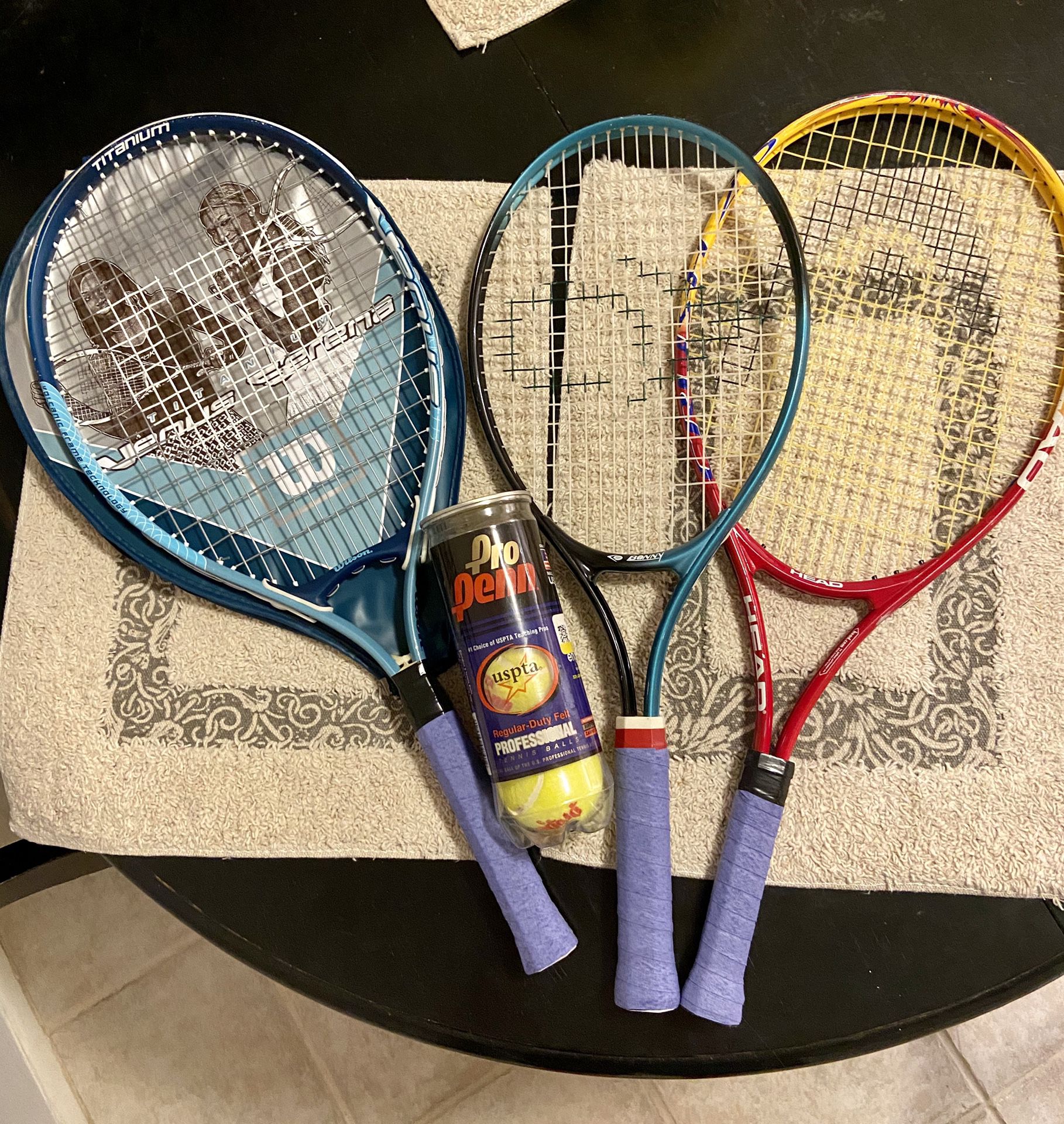 3 Tennis Rackets (w/ new grips & unopened can of Tennis balls)