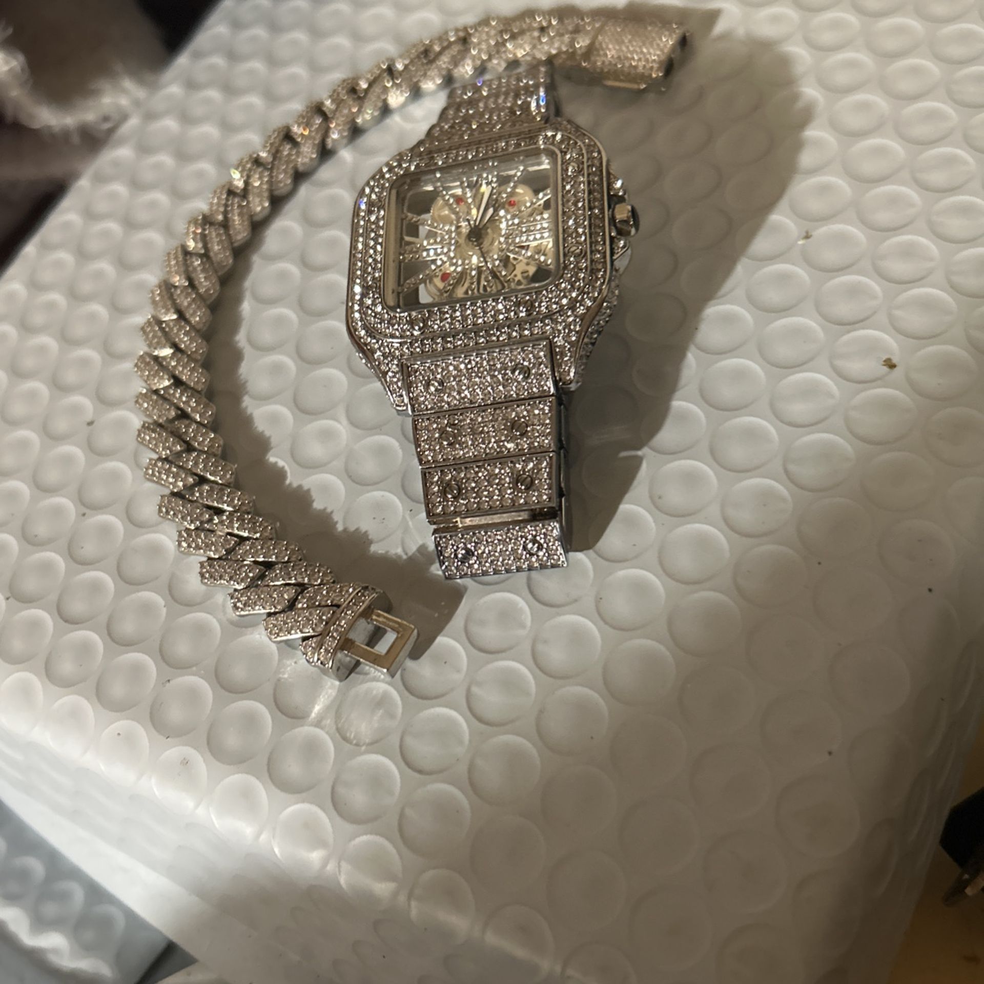 iced out cz stones watch and bracelet 