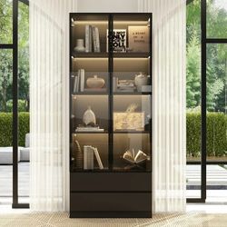 Bookcases Organizer with LED Lights, Heavy Duty Display Cabinet with Glass Door and 2 Drawers for Living Room, 31.5" Wide