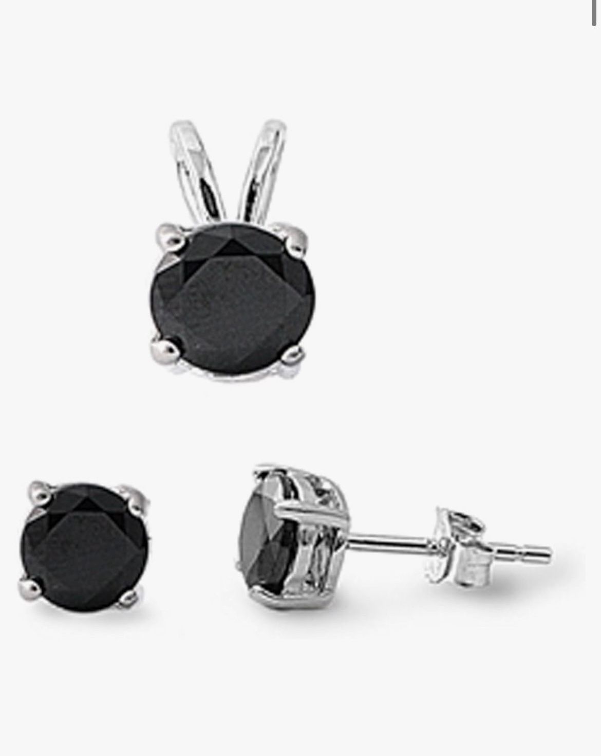 Sterling Silver & Black CZ Earrings & Necklace Charm Set