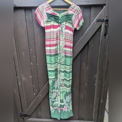 Women's Maxi Dress Striped Pink Green Top with Button Detail-M Great Condition 