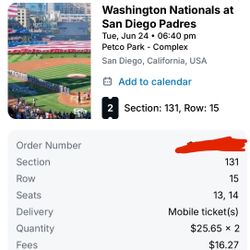 2 Padres Tickets For 6/24
