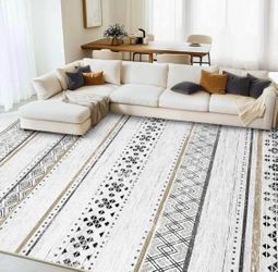 Moroccan Farmhouse Neutral Geometric Non-Slip Soft Print Pattern Rug 8 × 10 - Cream/Black Brown