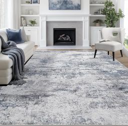 9x12 Area Rugs for Living Room Washable Bedroom Dining Room Blue Grey Modern Abstract, Non-Slip Backing, Soft, Low-Pile, Foldable, Water Repellent, Pe