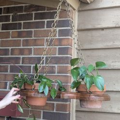 Vintage Unique Hand Crafted Wood Platform Plant Hanger With Chains Pottery Included