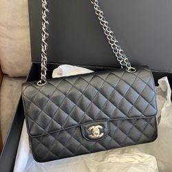 Chanel Black Quilted Caviar Medium Classic Double Flap Bag Silver Hardware