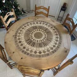 Solid Wood Dining Room Table With Mosaic Marble 6 Chairs