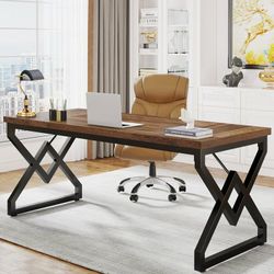 Tribesigns 63 Inch Computer Desk, Large Executive Desk with Thicker Frame, Modern Simple Computer Desk for Home Office, Brown&Black