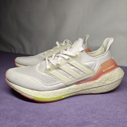 US 9.5 WOMENS Adidas Women's Ultraboost 21 running shoe in the 'White Hazy Rose' colorway