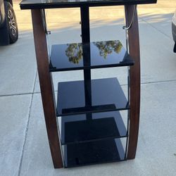 Entertainment Center With Glass Shelves And Wire Management