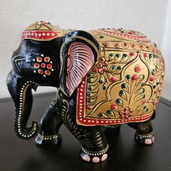 Colorful Hand Painted Carved Solid Wood Elephant With Gold Embellishments
