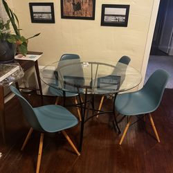 Round Glass Dining Table Set with 4 Blue Modern Chairs