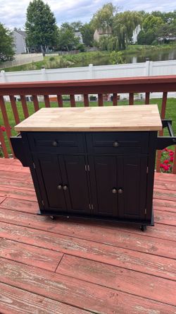 Watnature Contemporary Rolling Kitchen Island Cart with Rubberwood Top Deep Black for Kitchen Dining