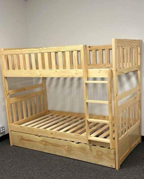🏎️ New🏎️$20 Down Payment Finance 🏎️Bartly Natural Pine Twin Twin Bunk Bed with Trundle
