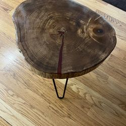 Wood End Table With Red Epoxy Accent