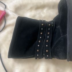 UGG Boots Black Suede Leather Shearling Belted Studs