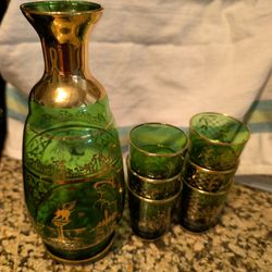 Green Glass liquor Set With Gold Trim