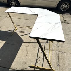 Modern L Shaped Desk Marble Top Gold Frame Home Office Corner Desk