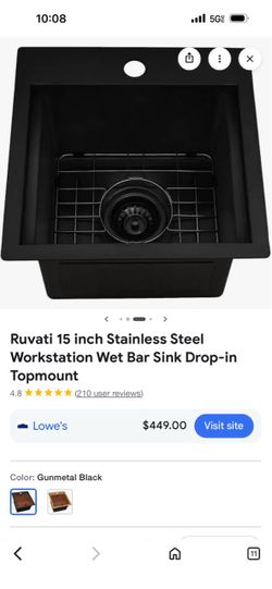 Ruvati 15" Gunmetal Black Drop-in Bar Sink