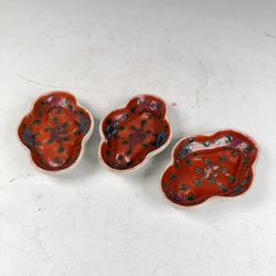 Set Of 3 Antique Chinese Export Sauce Plates Dishes Hand Painted Late Qing