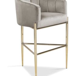 Iconic Home Cyrene Bar Stool Chair Velvet Upholstered Shelter Arm Shell Design 3 Legged Gold Tone Solid Metal Base Modern Contemporary, TAUPE