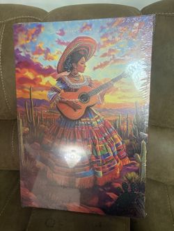 New 16x24 Mexican Woman Playing Guitar Canvas Wall Art Boho Desert Sunset