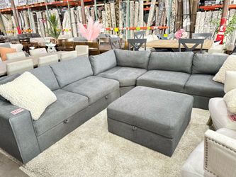 Grey Fabric Sectional w Storage seats and storage ottoman